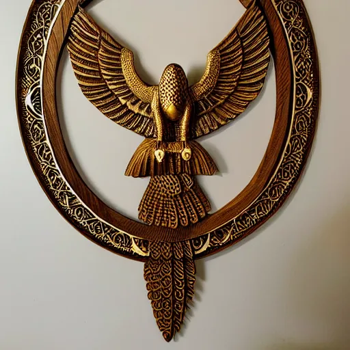 Image similar to gorgeous ornated wooden realistic detailed sacred falcon wall decoration with golden filigree carved out of ivory