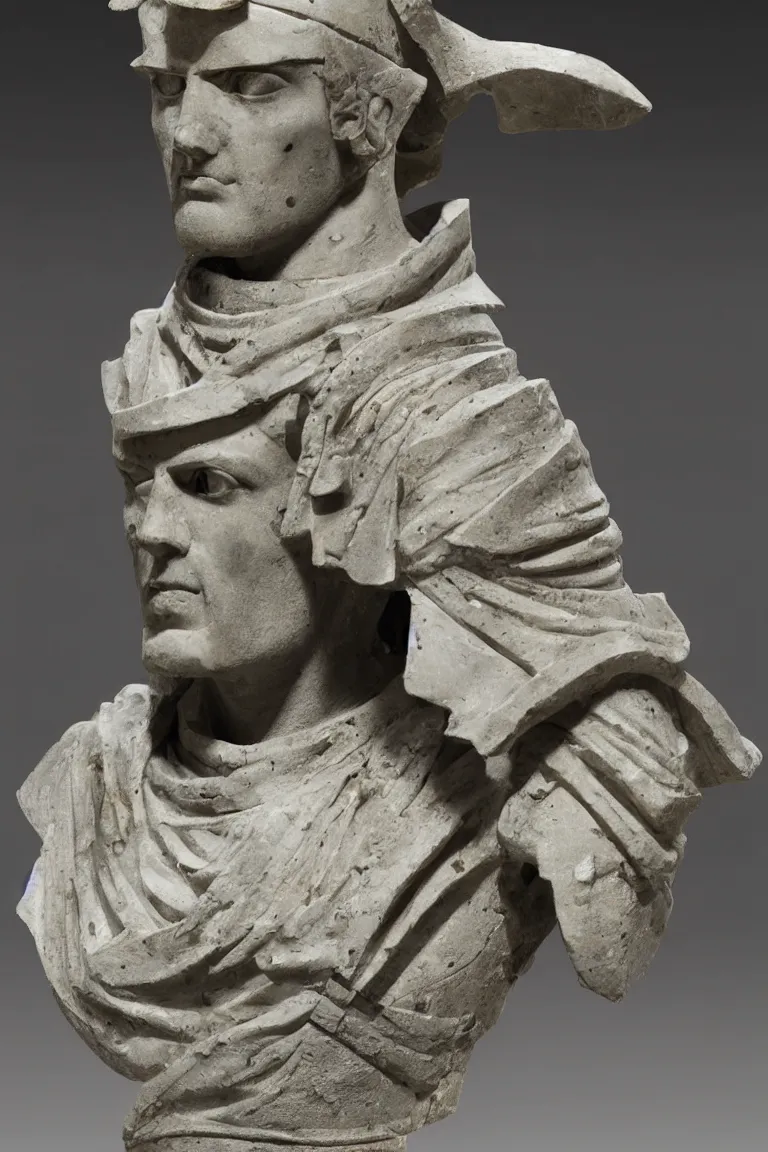 Image similar to a marble bust of the Decepticon Starscream from 4th century rome, museum lighting, sharp focus