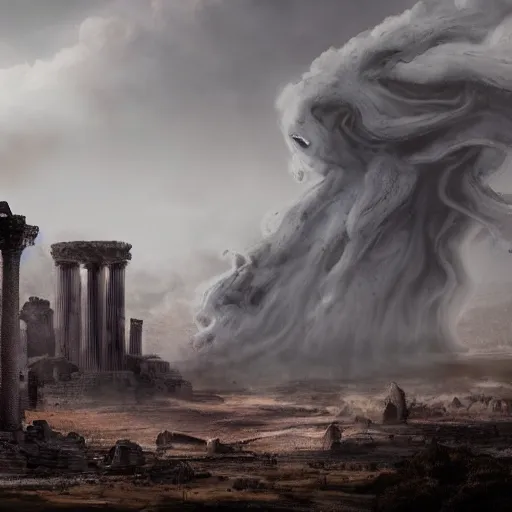 Image similar to Giant smoke monster coming out of the ground, thick swirling smoke, Nyarlathotep, Tentacles, mist, dramatic lighting, Byzantine ruins, surrounded by priests, desert, cinematic, trending on artstation