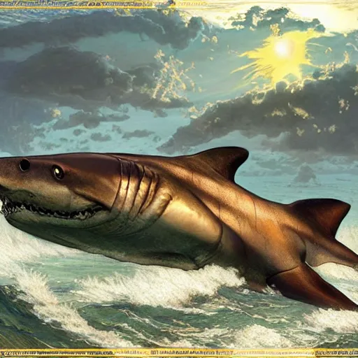 Image similar to megalodon designed in ancient Greece, (SFW) safe for work, photo realistic illustration by greg rutkowski, thomas kindkade, alphonse mucha, loish, norman rockwell