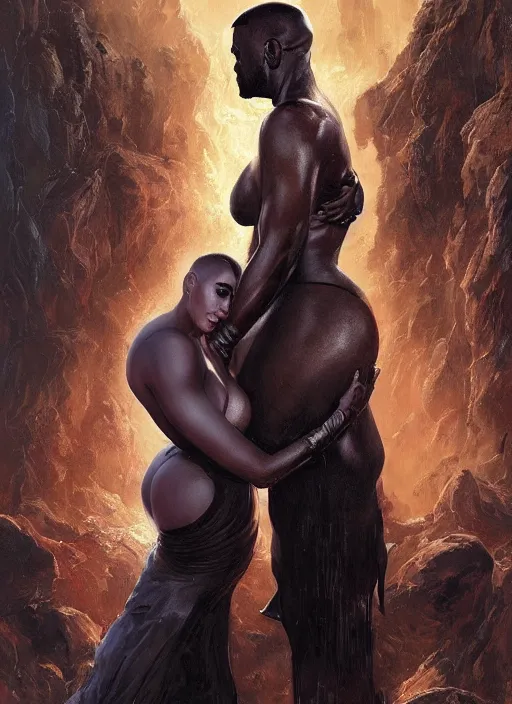 Prompt: Portrait of Kim Kardashian embracing Kanye West, marvel comics, dark, intricate, highly detailed, smooth, artstation, digital illustration by Ruan Jia and Mandy Jurgens and Artgerm and Wayne Barlowe and Greg Rutkowski and Frank Frazetta