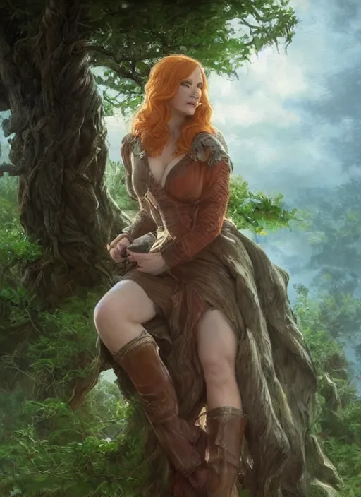 Image similar to tired Christina Hendricks taking a rest under a tree after an long adventure a ruggedly muscled handsome heroine, intricate, elegant, highly detailed, centered, digital painting, artstation, concept art, smooth, sharp focus, illustration, artgerm, donato giancola, Joseph Christian Leyendecker, WLOP, Artgerm, thunder storm