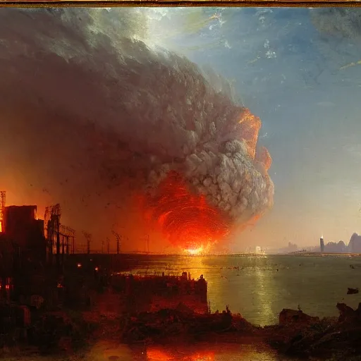 Prompt: An atom bomb explosion in Mumbai, by Thomas Cole, by Carl Gustav Carus, by Wadim Kashin, oil on canvas, masterpiece, trending on ArtStation