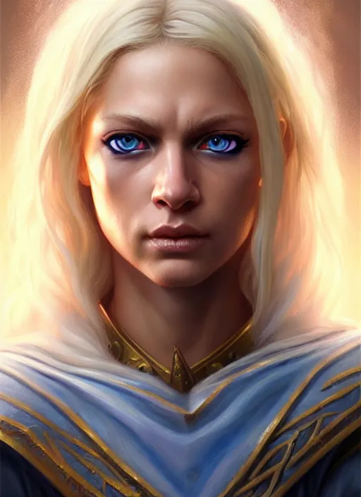 Image similar to a _ fantasy _ style _ portrait _ painting _ of timid white female paladin with blonde hair and blue eyes,, scar under left eye, holy oil _ painting _ unreal _ 5 _ daz. _ rpg _ portrait _ extremely _ detailed _ artgerm _ greg _ rutkowski _ greg