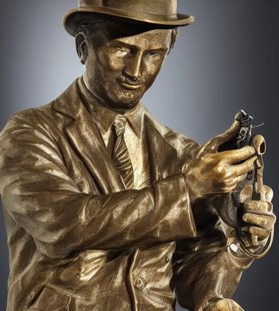 Prompt: a 4 k photorealistic photo medium shot of a bronze statue of a man wearing a fedora holding one revolver in each hand.