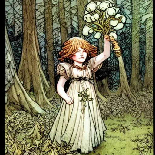 Prompt: A cute little frankestein collecting flowers in the forest. Absurdly-detailed fantasy character illustration by Rebecca Guay and Wayne Reynolds