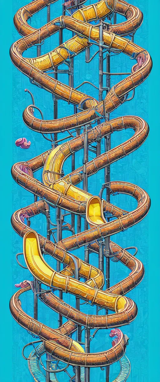 Image similar to twisted water slides, centered award winning ink pen illustration, isometric abstract illustration by dan mumford, edited by craola, technical drawing by beeple and tooth wu, tiny details by artgerm and watercolor girl, symmetrically isometrically centered