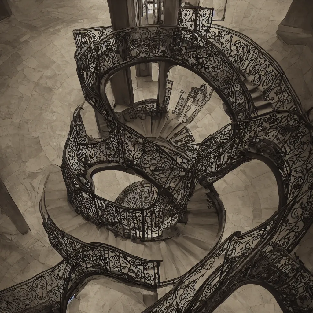 Prompt: a realistic art - nouveau spiral staircase. dark stairs. tall building, seen from the top. realistic shadows of cats. detailed, octane render, hyperrealistic, very coherent, hyper realism, high detail, octane render, 8 k