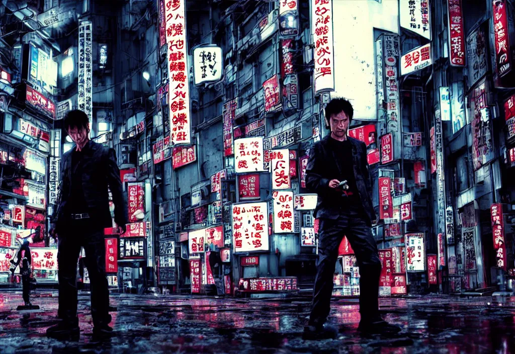 Image similar to film by madhouse and by takeshi koike, tokyo streets cyberpunk style, max payne blood, realistic