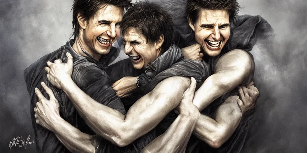 Image similar to hyper realistic tom cruise hugging tom cruise, hugging tom cruise, all overly excited, jaw unhinged with laughter and smiling, all teeth, kinda disturbing but really funny, tom has evil eyes, like super evil looking, by greg rutkowski, scott m fischer, artgerm, loish, slight glow, atmospheric, anne stokes, alexandros pyromallis