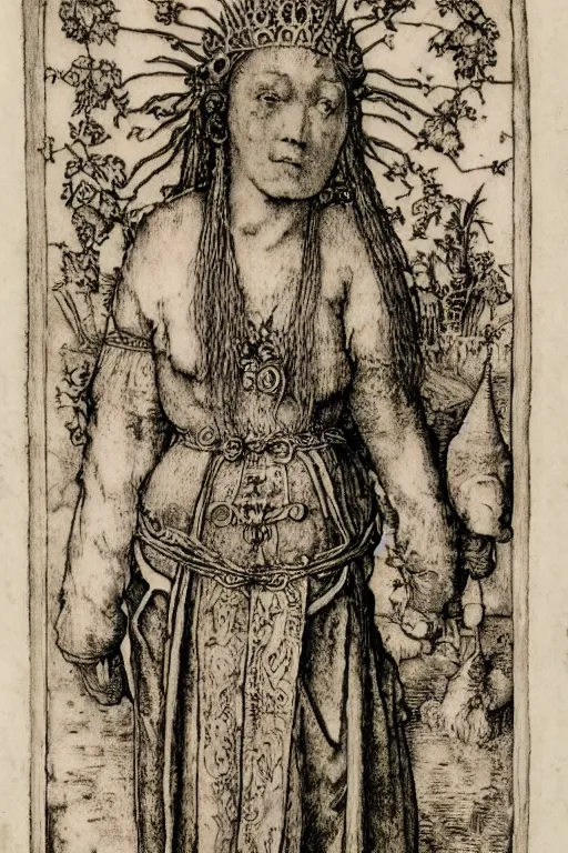 Image similar to albrecht durer, albrecht altdorfer, hans holbein, lucas cranach, gustave dore, engraving-style tattoo of regal female boddhisatva with the attributes of Diana, Athena, Guanyin, Shakti, Deborah, and Seshat, wearing a robe, standing gracefully upon a lotus, surrounded by egrets and wetland flora