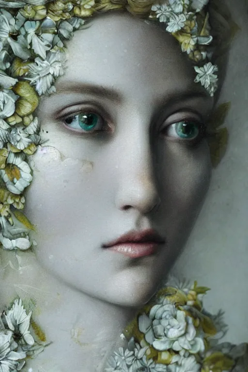 Prompt: hyperrealism close - up mythological portrait of a beautiful medieval woman's shattered face partially made of white color flowers in style of classicism using the fibonacci golden ratio, pale skin, emerald shadows on the eyes, wearing ivory colour dress, dark and dull palette