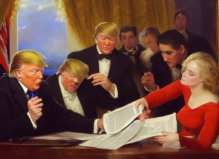 Prompt: american donald trump secretly handing off classified documents to russian vladimir putin by vladimir volegov and alexander averin and pierre auguste cot and delphin enjolras