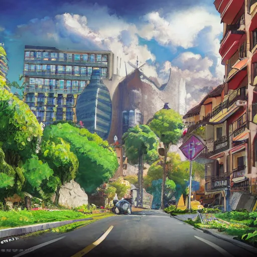 Image similar to city of Armenia Quindio, Artwork by Gainax, official media, concept art, 8k, pixiv, high definition, wallpaper, hd, digital artwork