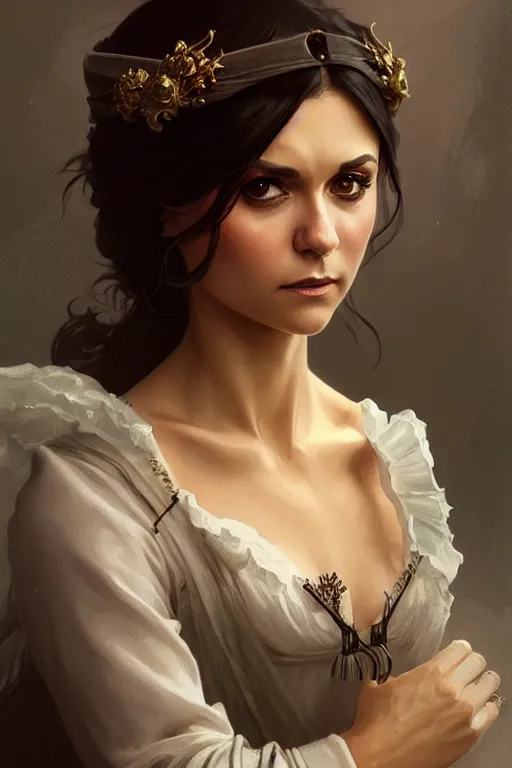 Image similar to Nina Dobrev dressed in a victorian fashion, D&D, fantasy, intricate, elegant, highly detailed, digital painting, artstation, concept art, matte, sharp focus, illustration, art by Artgerm and Greg Rutkowski and Alphonse Mucha