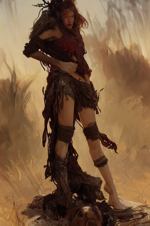 Prompt: a full body portrait of a beautiful post apocalyptic offworld slavers district bedouin blind pulp fiction scarlet wild rogue barbarian leper begging by the roadside, intricate, elegant, highly detailed, digital painting, artstation, concept art, smooth, sharp focus, illustration, art by krenz cushart and artem demura and alphonse mucha