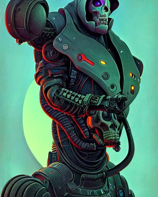 Image similar to reaper from overwatch, character portrait, portrait, close up, concept art, intricate details, highly detailed, vintage sci - fi poster, retro future, in the style of chris foss, rodger dean, moebius, michael whelan, and gustave dore