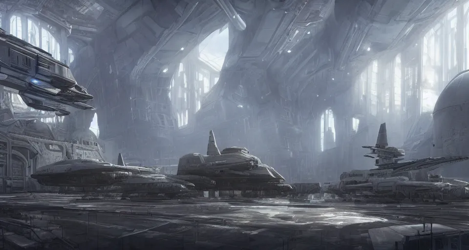 Prompt: a beautiful scifi rendering of massive brutalist industrial military modern cathedral buildings and mri machines art, star wars, unreal engine, Artstation massive aircraft carrier towers futuristic gothic cathedral architecture with hangar bays maschinen krieger, ilm, beeple, star citizen halo, mass effect, starship troopers, elysium