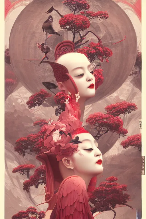 Image similar to breathtaking detailed red gardian mao baby in glace sphere no futur taiwan concept art painting art deco pattern of birds goddesses amalmation flowers, by hsiao ron cheng, tetsuya ichida, bizarre compositions, exquisite detail, extremely moody lighting, 8 k, art nouveau, old chines painting