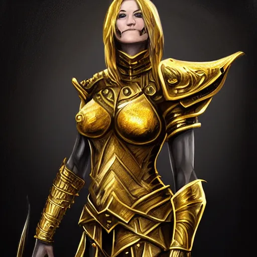 Prompt: female warrior in gold and black armor, semi-realistic, fantasy, digital painting, highly detailed