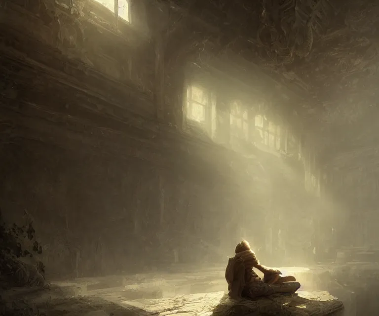 Image similar to lonely wanderer sitting at lap in abandoned rustic temple, lit by the light of gods, abandoned by gods, hyperdetailed artstation cgsociety by greg rutkowski and by Gustave Dore