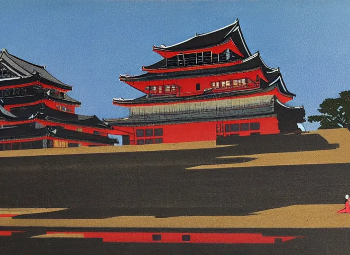 Prompt: vincent di fate's 1 9 8 0 cozy, simple painting of hiroshima castle in hiroshima. cyberpunk style.