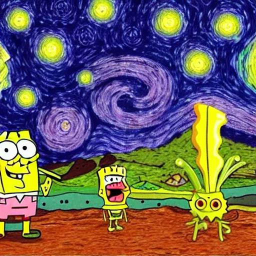 Image similar to a still from spongebob in the style of starry night