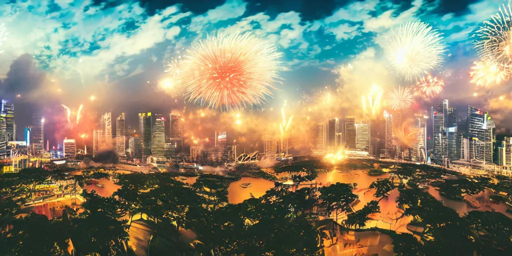 Image similar to Singapore city with a lion-shaped cloud in the sky and fireworks in the sky, by Studio Ghibli, red and white lighting, digital art, ultra realistic, ultra detailed, photorealistic, 4k, character concept