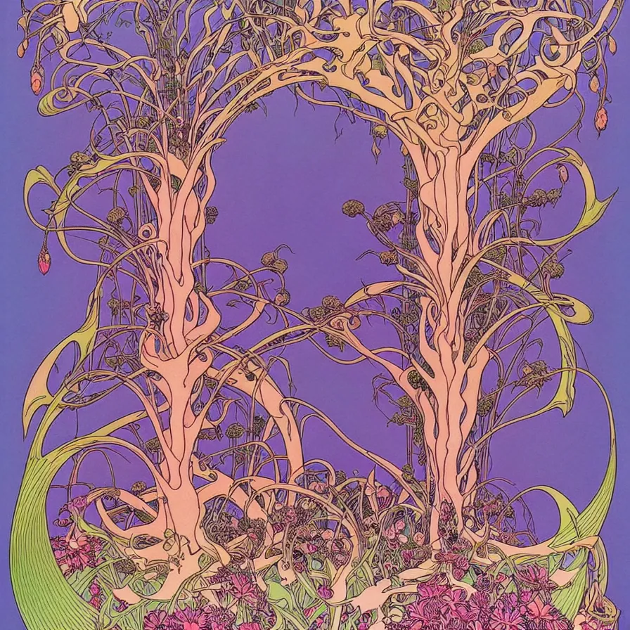 Image similar to ( ( ( ( beautiful strange forest and flowers surrounded by an art nouveau style decorative frame ) ) ) ) by mœbius!!!!!!!!!!!!!!!!!!!!!!!!!!!, overdetailed art, colorful, record jacket