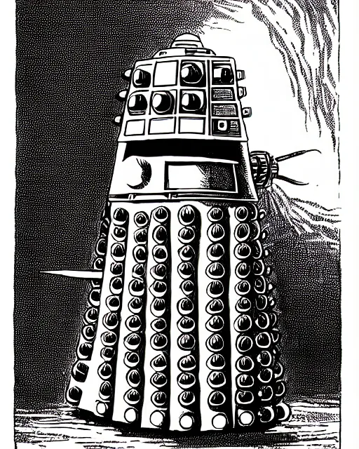 Image similar to a dalek as a d & d monster, pen - and - ink illustration, etching, by russ nicholson, david a trampier, larry elmore, 1 9 8 1, hq scan, intricate details, high contrast, no background