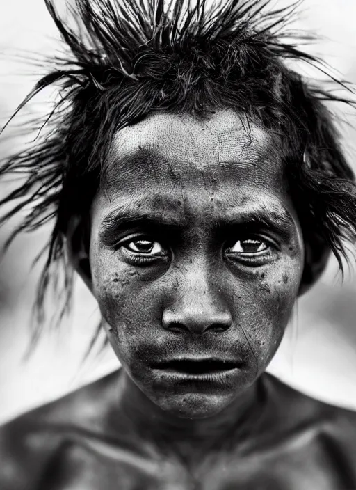 Image similar to Award winning Editorial photo of a Native Nauruans with incredible hair and beautiful hyper-detailed eyes wearing traditional garb by Lee Jeffries, 85mm ND 5, perfect lighting, gelatin silver process