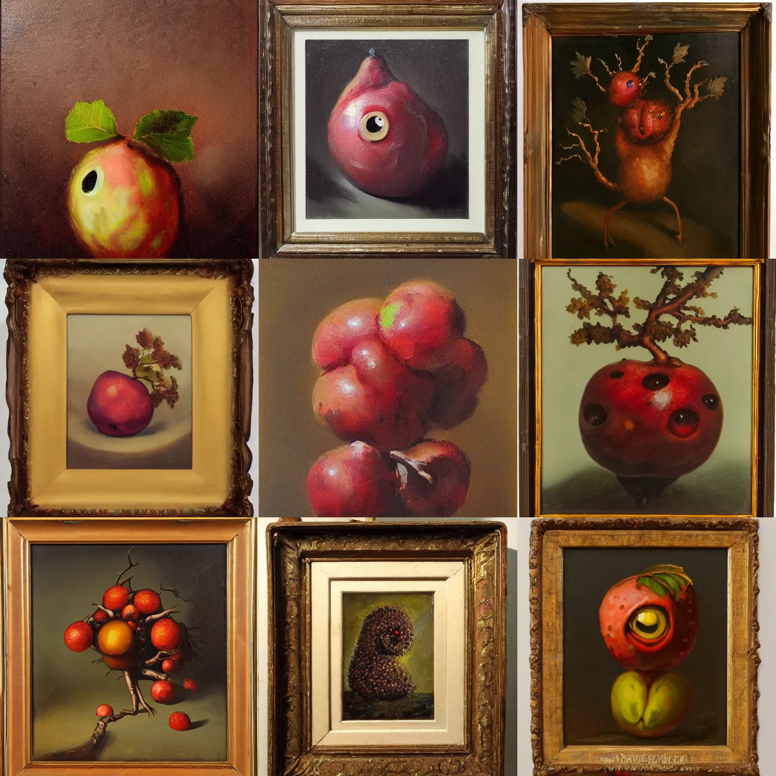Prompt: tonalist portrait of crataegus fruit creature with big eyes, studio lighting, expressive, visible brushstrokes, chiaroscuro