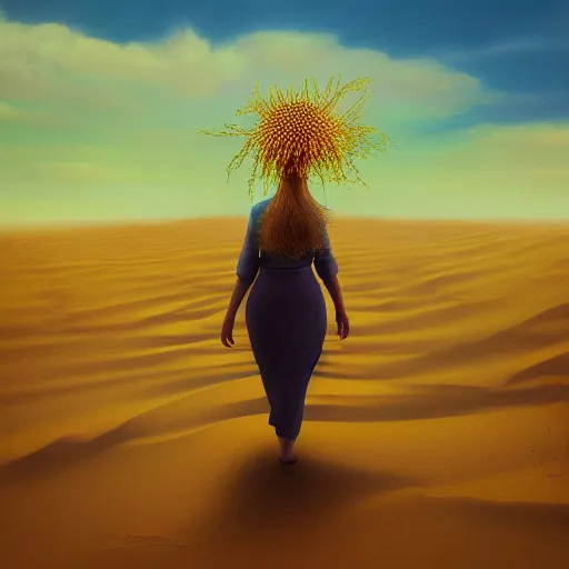 Image similar to closeup giant dahlia flower under head, a girl walking between dunes, surreal photography, sunrise, blue sky, dramatic light, impressionist painting, digital painting, artstation, simon stalenhag