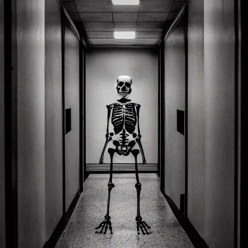 Prompt: skeletons waiting in line in a hallway, rtx on, perfect face, directed gaze, canon, vfx, symmetric balance, polarizing filter, photolab, lightroom, 4 k, dolby vision, photography award