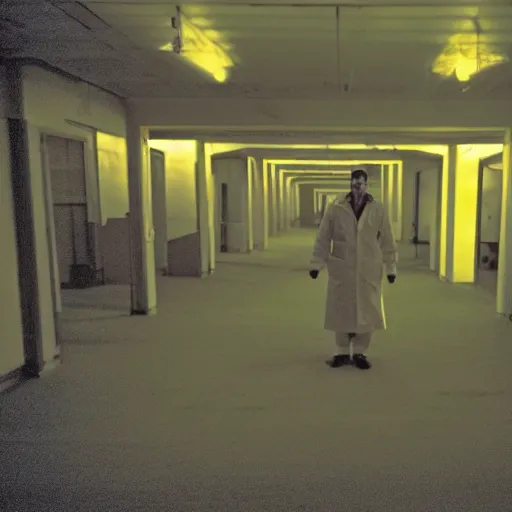 Image similar to flash low quality photograph of a male scientist wearing a lab coat standing lost in the backrooms, mustard - yellow old moldy moist carpet room, empty liminal space, very dark shadows, broken fluorescent lighting, horror movie scene, film grain