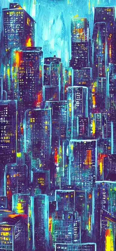 Prompt: “ city at night, covered in paint, digital art ”