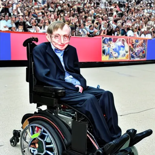 Prompt: stephen hawking in mario cart, in his wheelchair