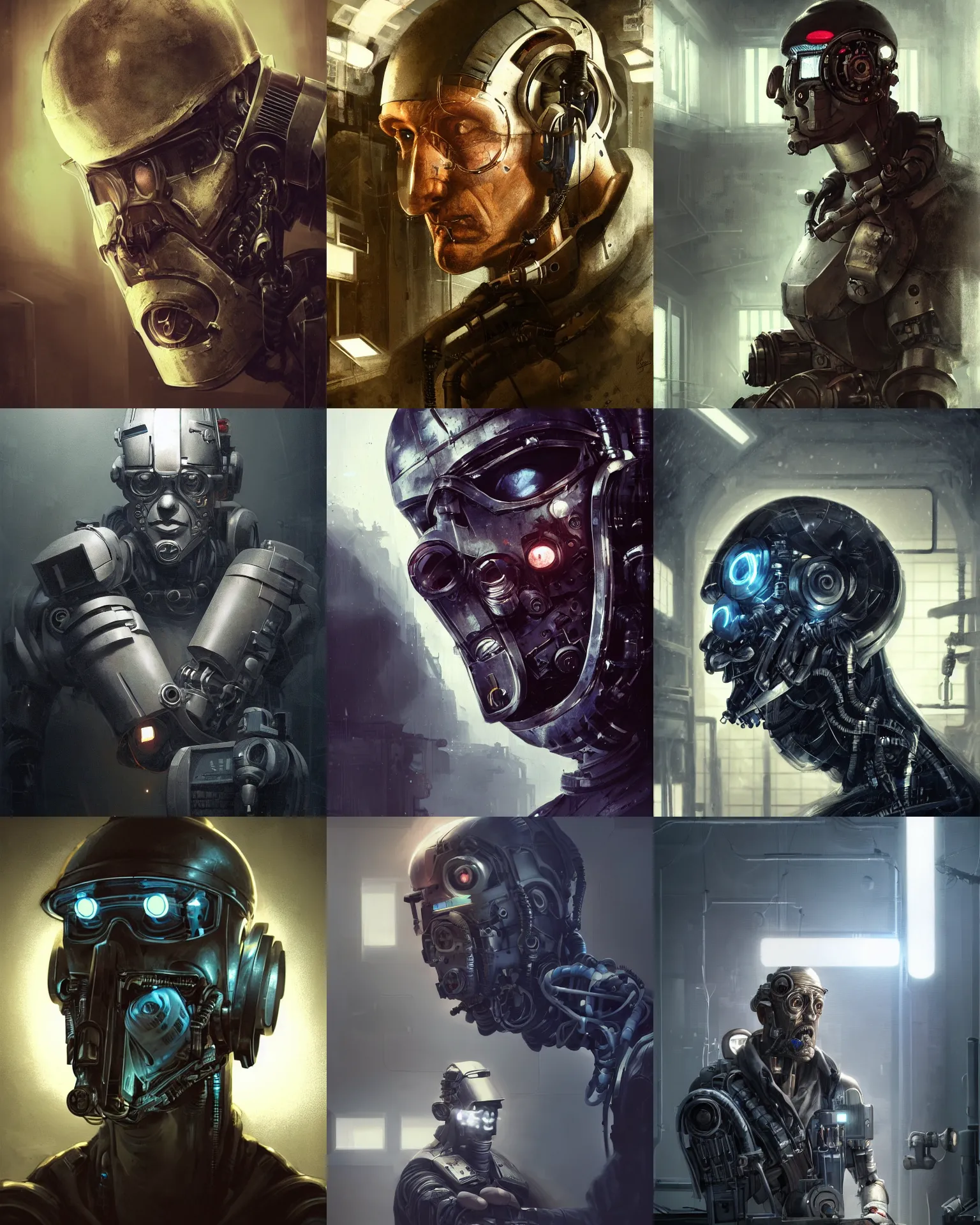 Prompt: a half - masked rugged engineer man with cybernetic enhancements in a laboratory, scifi character portrait by greg rutkowski, esuthio, craig mullins, 1 / 4 headshot, cinematic lighting, dystopian scifi gear, gloomy, profile picture, mechanical, half robot, implants, steampunk