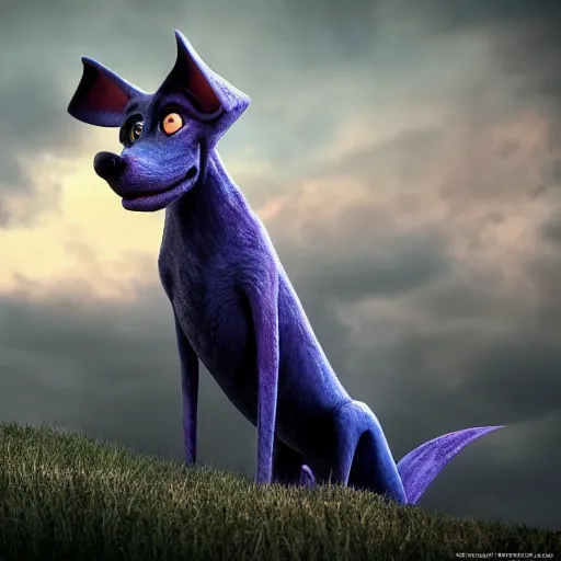 Prompt: CGI of Courage The Cowardly Dog, fisheye, DAZ, hyperrealistic, octane render, atmospheric, cinematic, superb resolution, symmetrical, rich deep moody colors, blue hour, twilight, sharp focus, cgsociety, stunning, breathtaking, awe-inspiring, award-winning, concept art, post-processing, photoshopped, 8k, photorealistic, complex, intricate, 3-point perspective, hyper detailed, unreal engine 5, IMAX quality