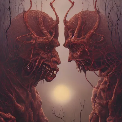 Image similar to two demons dance ballet in hell with ethernet cables wrapped around their arms, trees burning in the background,, beksinski, dariusz zawadzki, very coherent symmetrical artwork. cinematic, hyper realism, high detail, octane render, 8 k