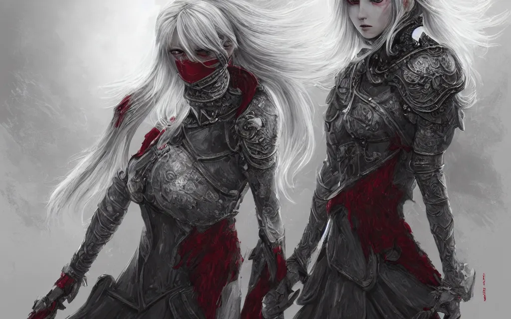 Image similar to portrait light grey hair knights of zodiac girl + smoky eyes, matt black / little red color armor, in ruined agora of athens, ssci - fi and fantasy, intricate and very very beautiful and elegant, highly detailed, digital painting, artstation, concept art, frostbite engine, smooth and sharp focus, illustration, art by tian zi and wlop and alphonse mucha