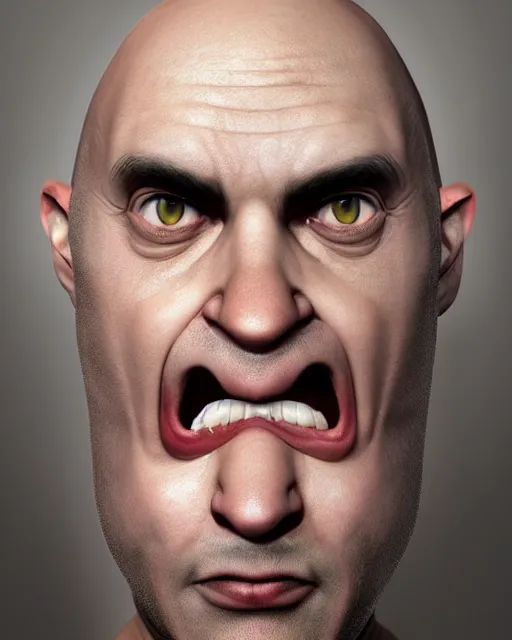 Image similar to portrait of a 4 0 - year - old bald character, male, with a white complexion, wide, cat - like scarlet eyes, a nose flat like a snake's nose, and a thin mouth, wearing in black clothes, hyper realistic face, beautiful eyes, character art, art by mark brooks, hyperdetailed, cryengine, trending on artstation, digital art