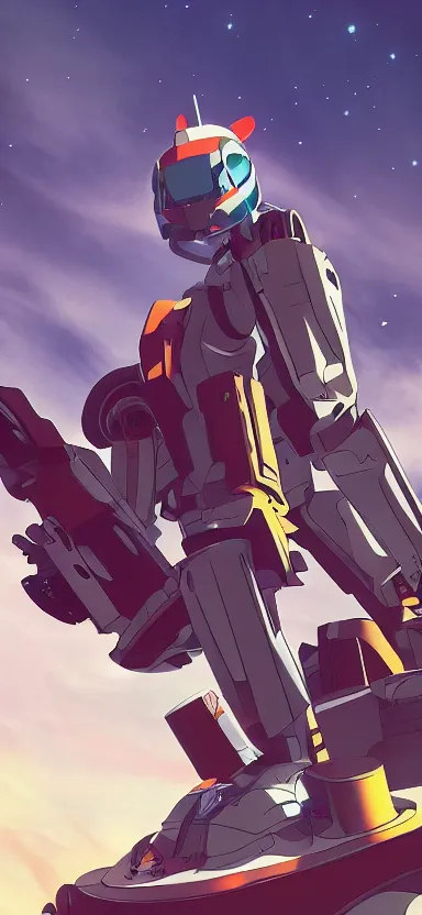 Image similar to close up pilot, looking up at giant mech, forest, key art, sharp lines, towering above a small person, aesthetic, anime, trigger, shigeto koyama, hiroyuki imaishi