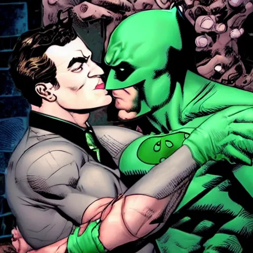 Image similar to the Riddler kissing manly Batman, tabloid, amazing, realistic, trending