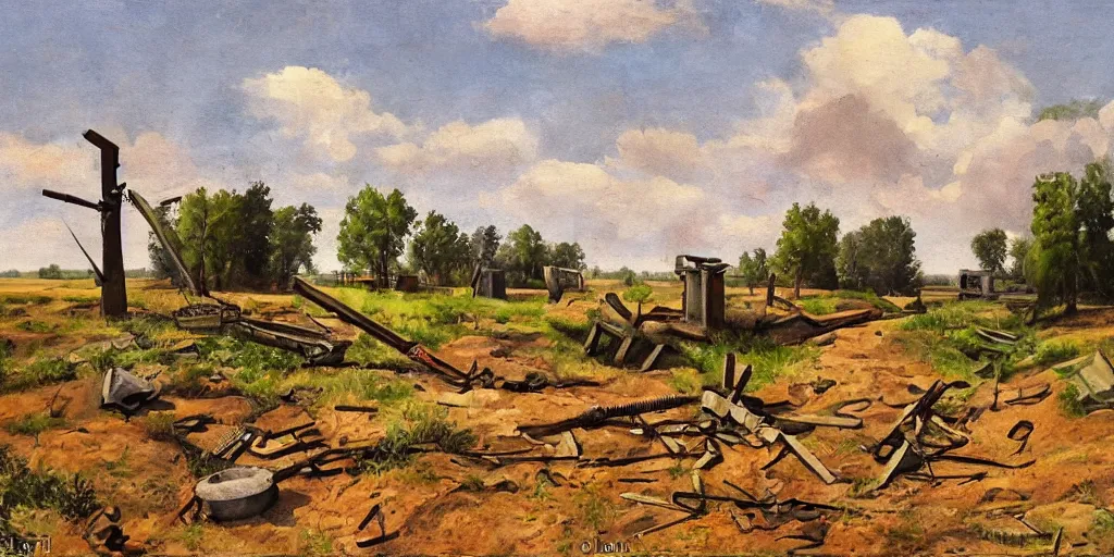 Prompt: landscape of the eastern front, summertime, abandoned equipment, shell holes, oil painting in the style of peredvizhniki