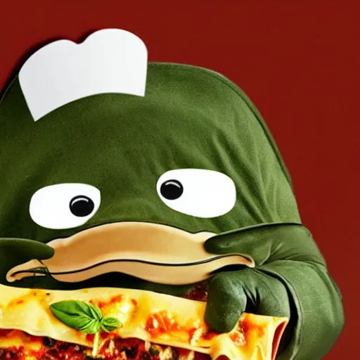 Image similar to cute platypus wearing a chef hat while holding a lasagna with three basil leaves over the lasagna