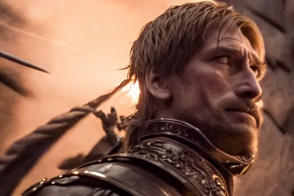 Image similar to very very intricate photorealistic photo of jaime lannister defeating cersei, photo is in focus with detailed atmospheric lighting, award - winning details