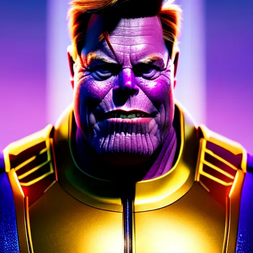 Image similar to a portrait of elon musk as thanos, the pixar adaptation, with same hairstyle, full body shot, hyper detailed, digital art, trending in artstation, cinematic lighting, studio quality, smooth render, unreal engine 5 rendered, octane rendered