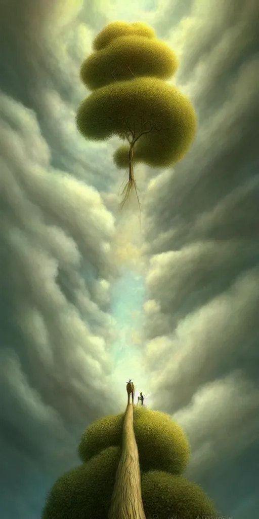 Prompt: a thin tree that reaches the clouds, low angle, ant perspective, fantasy digital painting by artgerm and leyendecker, surreal, photorealistic