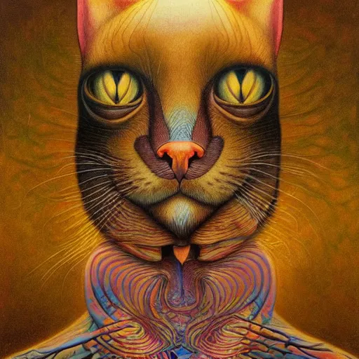 Image similar to a cat having an ego trip, by alex grey, by Esao Andrews and Karol Bak and Zdzislaw Beksinski and Zdzisław Beksiński, trending on ArtStation